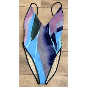 FREE PEOPLE FREE-EST ABSTRACT PAINTED WAVES PRINTED AMBER ONE PIECE SWIMSUIT XL
